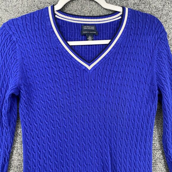 Tommy Hilfiger Sweater Womens M Blue V-Neck Pullover Preppy Academia Classic - Picture 2 of 7